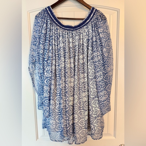 MNG SUIT Blouse Sz 8 Blue White Flowy Bell Dolman Sleeve Floral Tunic Dress - Picture 1 of 6